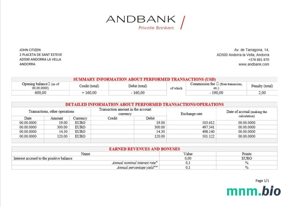 Szablon wyciągu bankowego Andora Andbank w formacie Excel i PDF